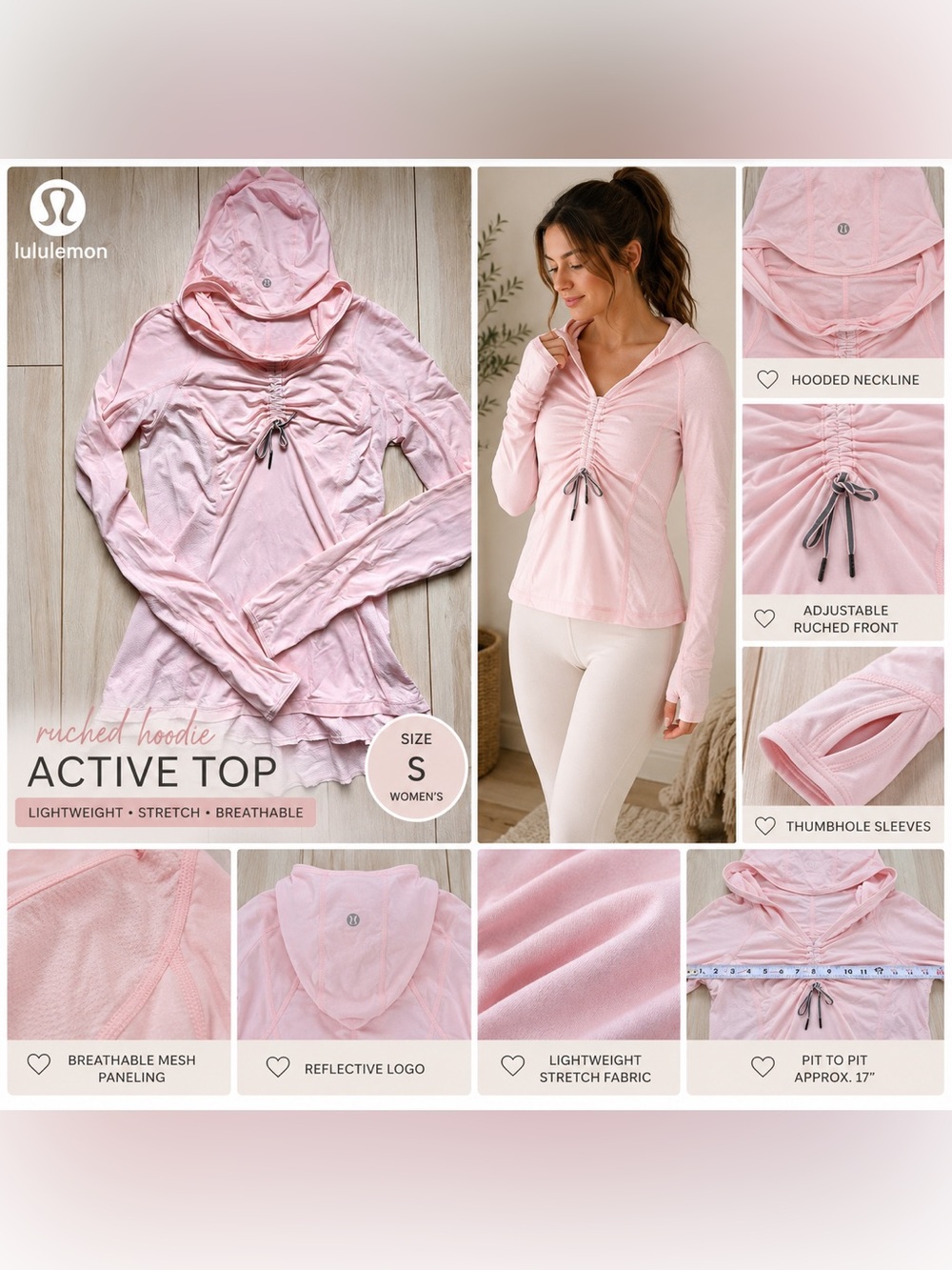 Lululemon Pink Ruched Hooded Activewear Top Thumbhole Long Sleeve Size Small